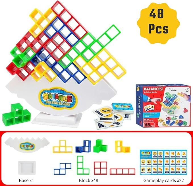 48Pcs Tower Stack Game, Tetra Tower Balance Stacking Blocks with 22 Gameplay Cards, Eco-Friendly Family Board Game for Kids & Adults, Creative STEM Learning Toy for Indoor/Outdoor Fun