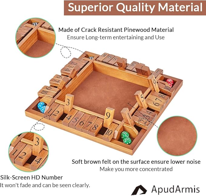 ApudArmis 4-Way Shut The Box, Large Wooden Board Game Set with Dice, 4 Ways Play Shut-The-Box for Kids Learning Addtion Adults Classroom Home Party Pub (14 in,Vintage)