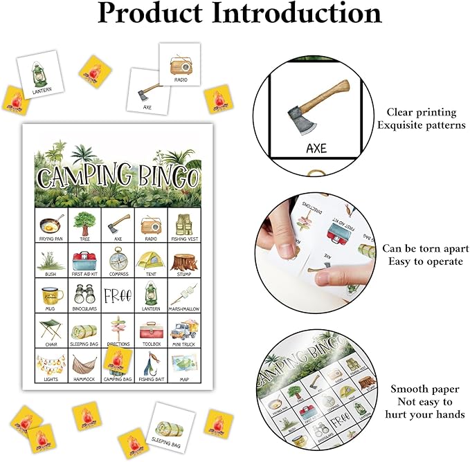 Camping Bingo Games, 24 Players Bingo Cards, Campground Activity for Family Friends, Vacation Gifts for Adult Teenager, Camping Games Camping Party Game Bingo Supplies -02