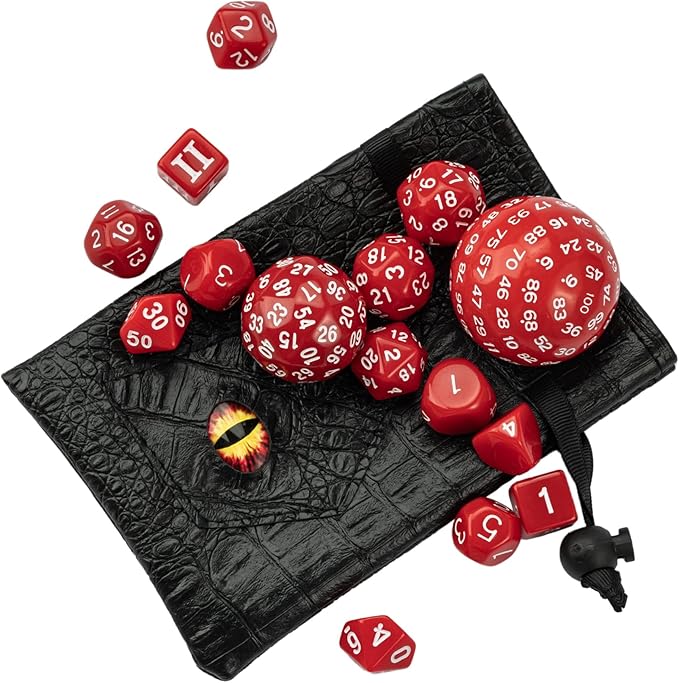 15 Pieces Complete Polyhedral DND Dice Set D3-D100 Spherical D&D Dice Set with Dragon Eye Dice Bag, D100 Dice for Dungeons and Dragons, RPG, MTG Table Games(Red w/White Numbers)