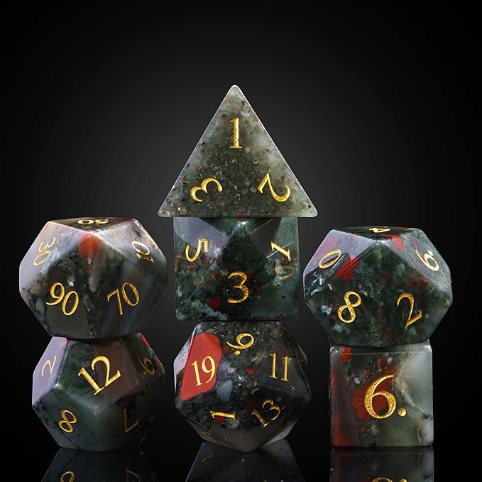 UDIXI Stone DND Dice Set, 7PCS Bloodstone Gemstone Dice Real Stone Dice with Gift Case for Dungeons and Dragons D&D and Tabletop Games