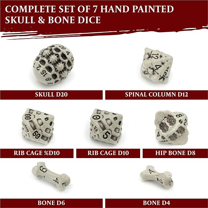 DND Dice Set - Set of 7 Polyhedral Skull & Bone RPG Dice - D20, D12,%D10, D10, D8, D6 & D4 Sided. Cool & Unique Gift for Dungeons & Dragons, Warhammer, D&D, Pathfinder, D and D Accessories. (White)