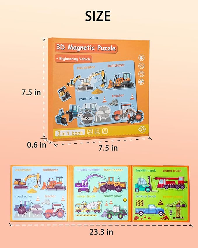 Magnetic Puzzles for Toddlers 3-5, Travel Puzzles for Kids Ages 1-3, Engineering Vehicle Wooden Jigsaw Puzzles Book for Kids 2-4 Learning Gift for Road Trip (Excavator)