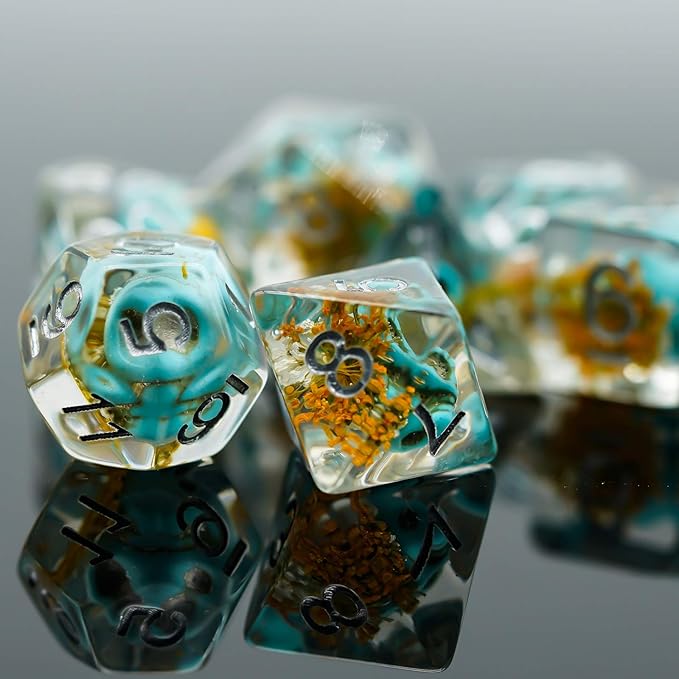 UDIXI 7PCS Polyhedral Dice Set, DND Dice Set Filled with Mushroom for Role Playing Games, D&D Dice for Dungeons and Dragons (Blue Flower)