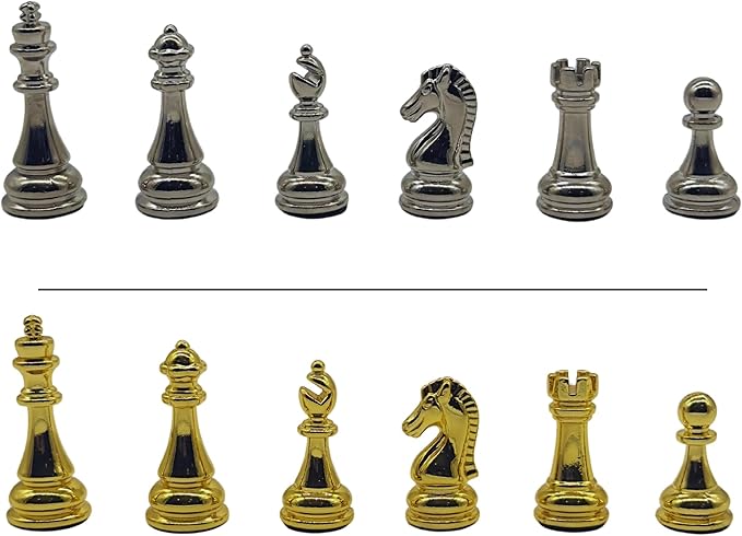 12.6’’ Handmade Walnut Chess Set with Zamak Metal Pieces, Wooden Chess Set with Storage, Birthday Gift for Him, Handmade Chess Gift, for Him (Gold-Silver Pieces)