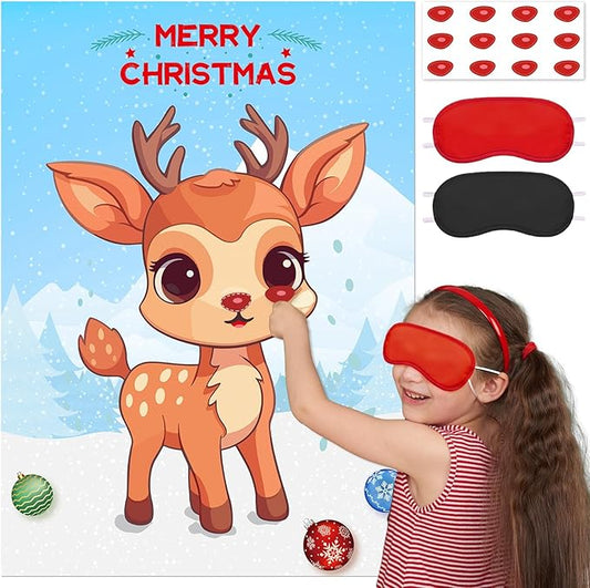 Christmas Games for Families, Pin the Nose on the Reindeer, Christmas Stickers Games for Families Adult Kids Party Favors Supplies and Xmas Gifts New Year Activities Decor with 12pcs Nose Stickers