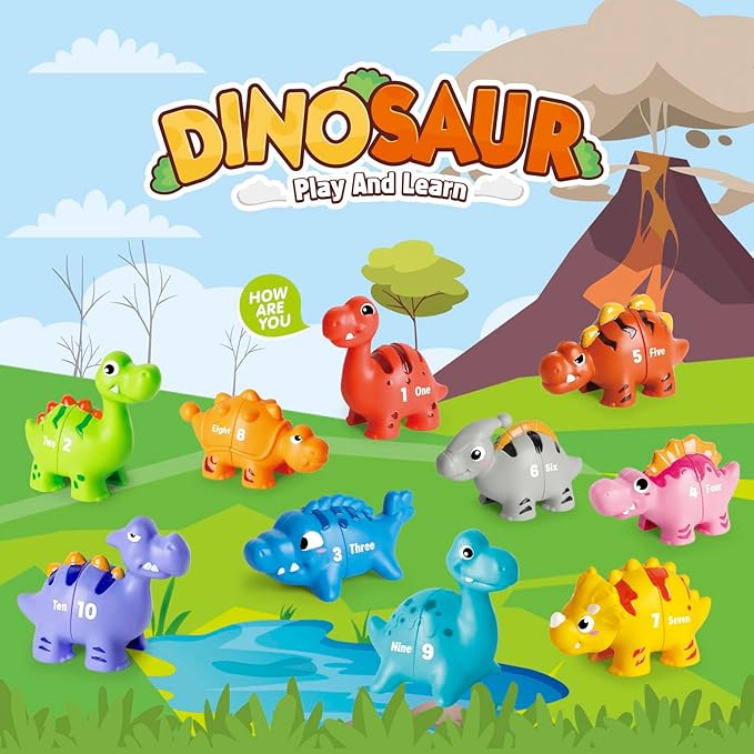 20 PCS Dinosaur Number Learning Toys for Toddlers 2-4, 10 Different Dinosaur Figures, Double Sided Number Matching Game, Preschool Activities Montessori Fine Motor Toys for Toddlers Kids