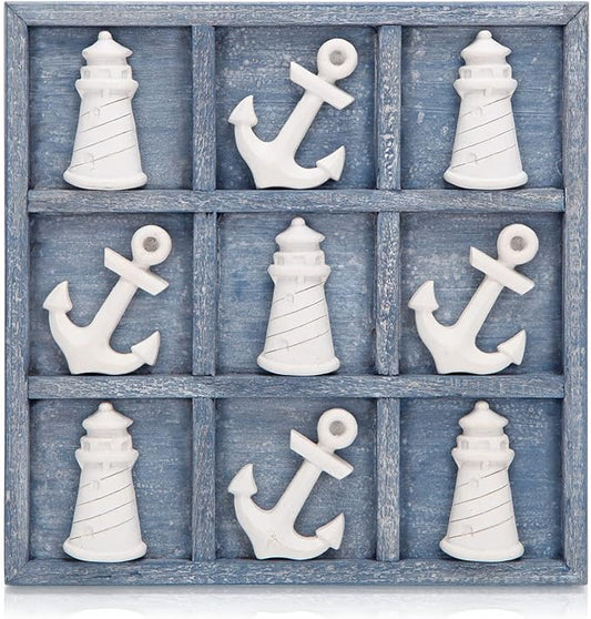 NIKKY HOME Beach Tic Tac Toe Wooden Games 5 Anchors & 5 Lighthouses Wood Board Travel Game for Family Coastal House Coffee Tables Decor, Distressed Blue