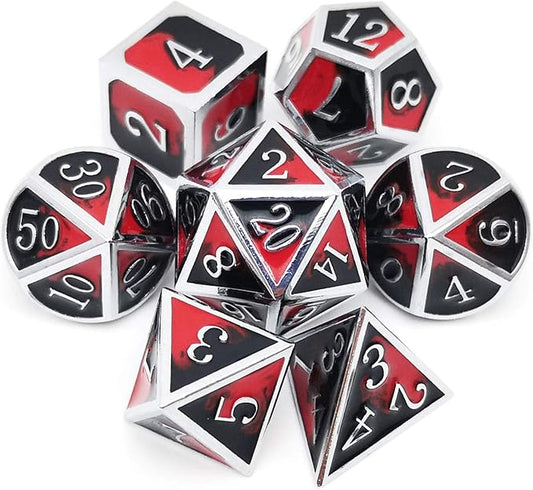 Haxtec DND Metal Dice Set D&D Red and Black Metal DND Dice for Dungeons and Dragons RPG Games-Vampire(Silver Black Red)