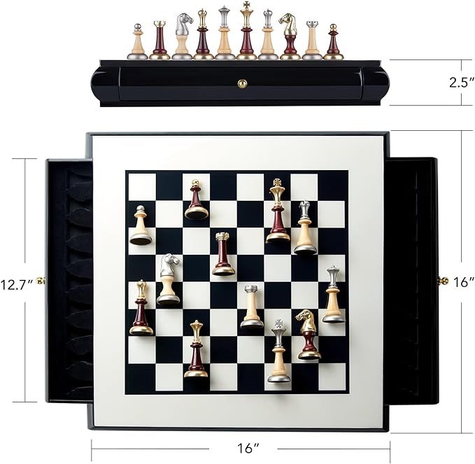 AMEROUS 16 Inches Wooden Chess Set, Large Size Board with 2 Built-in Storage Drawers - 2 Extra Queens - Metallic & Wooden Chess Pieces - Gift Packaging, Board Games for Adults and Kids