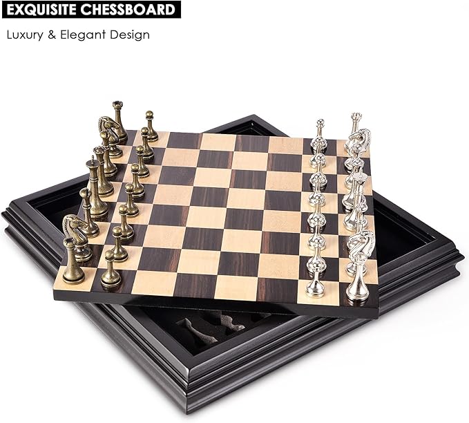 AMEROUS 12.5 inches Wooden Chess Set with Metal Chess Pieces，Classic Board Game w/ 2.5'' King/Storage for Chessmen/Instructions, Chess Sets for Adults, Kids, Beginner