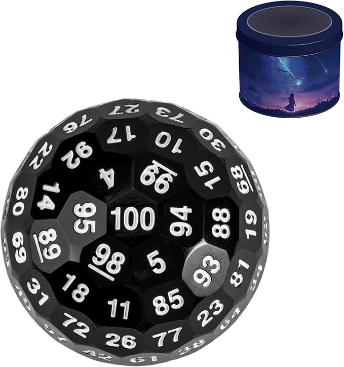 Upgraded 100 Sided Dice, 50mm Polyhedral D100 Die, D&D Game Dice, Cube with Metal Storage Tin (Black/White Font)