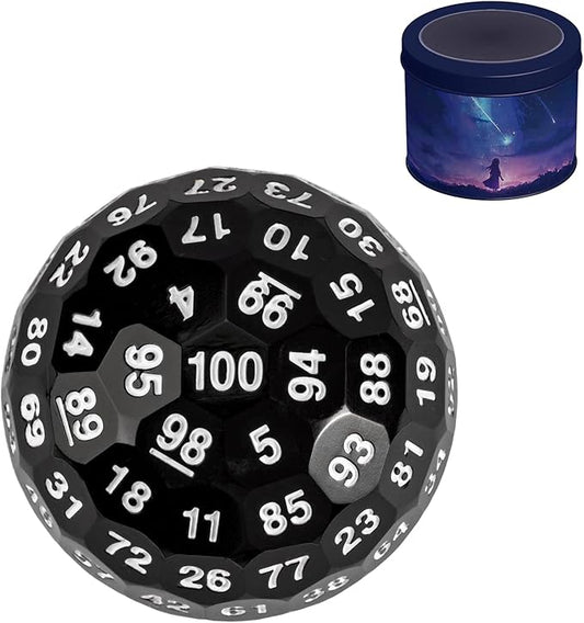 Upgraded 100 Sided Dice, 50mm Polyhedral D100 Die, D&D Game Dice, Cube with Metal Storage Tin (Black/White Font)