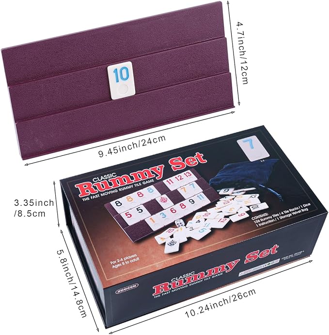 Rummy Cube Game Set with 4 Plastic Racks and 106 Melamine Tiles, Color Case with 4 Tiles Holders