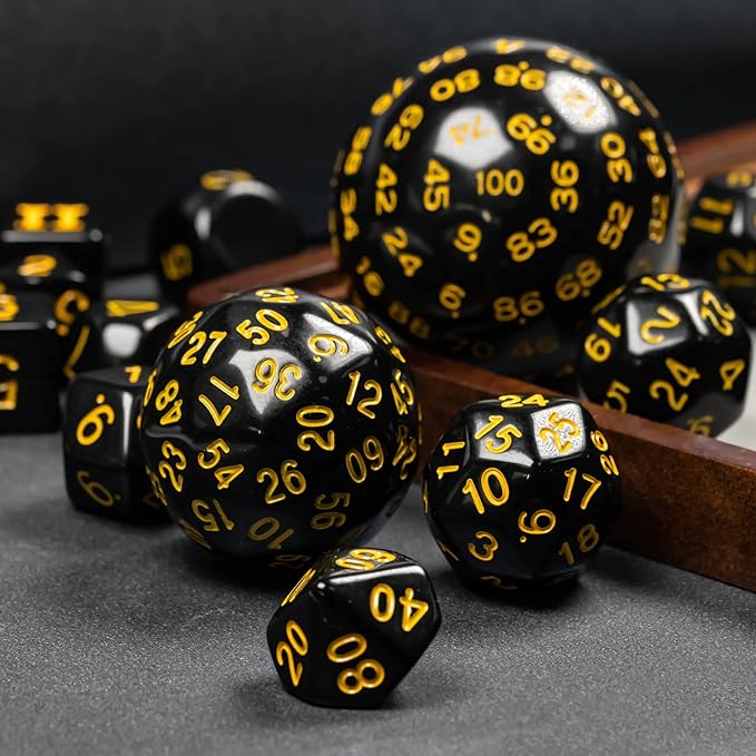 15 Pieces Complete Polyhedral DND Dice Set D3-D100 Spherical D&D Dice Set with Dragon Eye Dice Bag, D100 Dice for Dungeons and Dragons, RPG, MTG Table Games(Black w/Yellow Numbers)