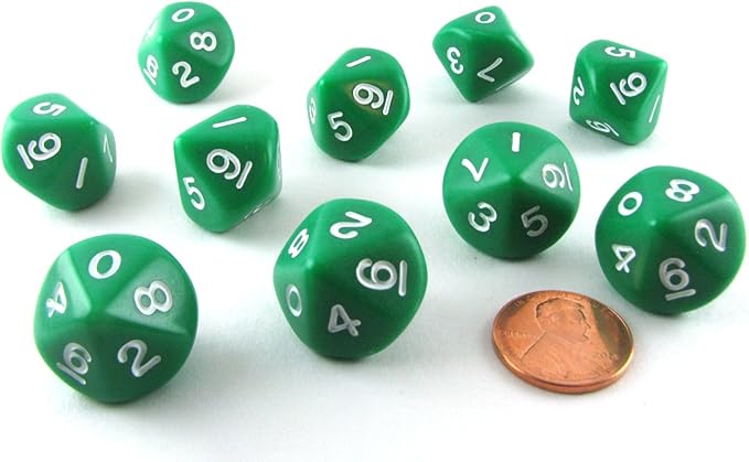 Koplow Games 10 Piece Set of 10-Sided D10 Polyhedral Dice - Green with White Numbers