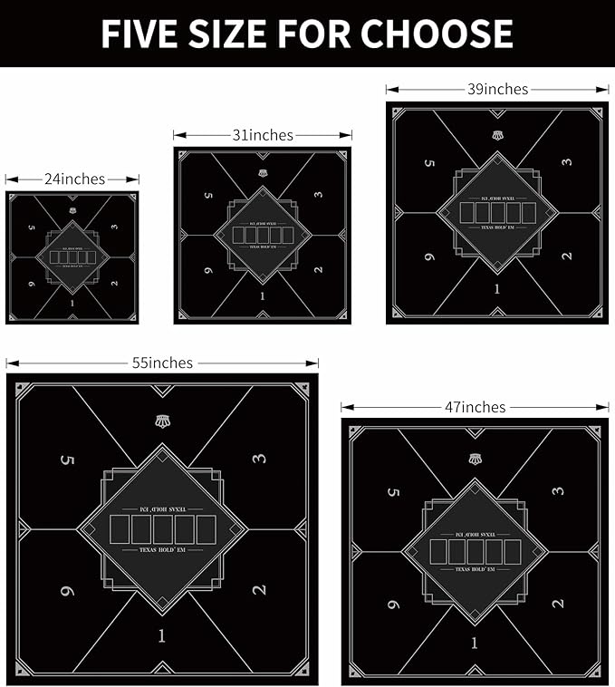 nuveti 24/31/39/47/55 inch Square Foldable 6-Player Texas Poker Card Tabletop Layout Portable Anti-Slip Rubber Board Game Mat Texas Hold'em Poker Mat for Family Game, Casino, Party