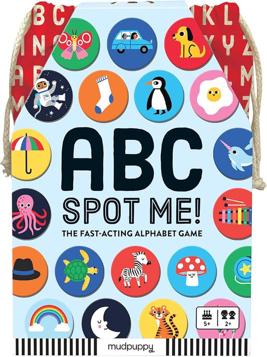 Mudpuppy ABC Spot Me Game from Fast Acting Alphabet Game, Includes 60 Icon Tiles, 26 ABC Cards, Fabric Bag & Instructions, Perfect for Game Nights on The Go!, 2+ Players, Ages 5+