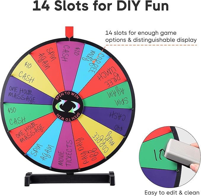 WinSpin 24" Heavy Duty Spinning Prize Wheel Large 14 Slots Tabletop Color Roulette Wheel with Dry Erase Marker & Eraser for Trade Show Fortune Spinning Game, Classic Series