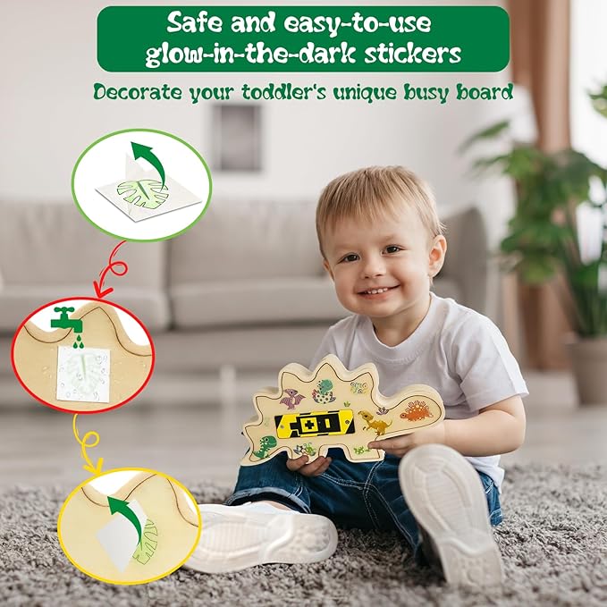 Toddler Busy Board, Montessori Toys for 1-3 Year Old, Wooden Busy Board with LED Light, Dinosaur Sensory Toys for Age 1-3, Boy & Girl Gift