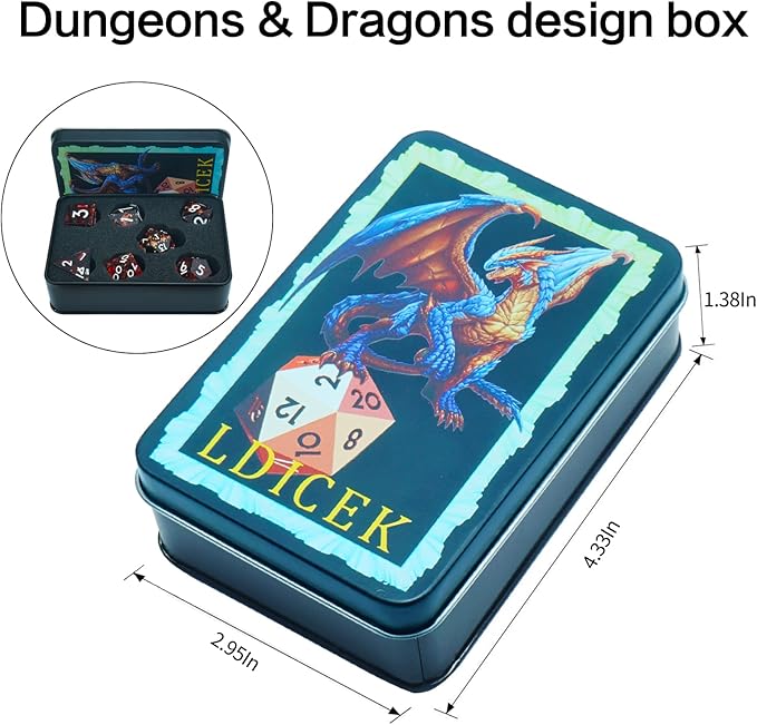 DND Dice Set Sharp Edge Dice Set 7 Piece DND polyhedral Dice Numbers with Gold Leaf Exquisite Tin Box Packaging,Ideal for Dungeons & Dragons RPG and Board Games (2L-MOY9-13Y9)