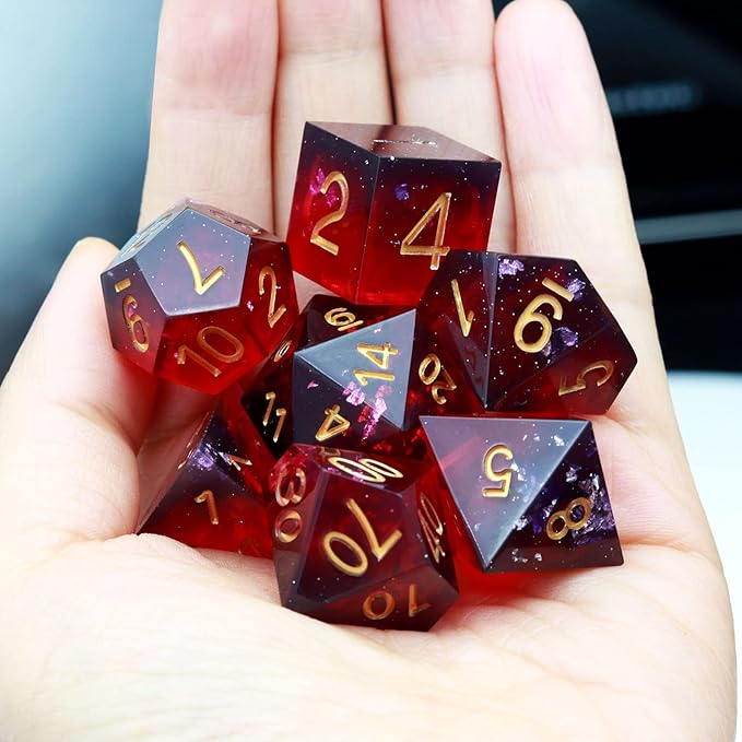 Haxtec Sharp Edge DND Dice Set Purple Red Resin Dice Silver Flakes D&D Dice for RPG Role Playing Games Dungeons and Dragons Gift War Series