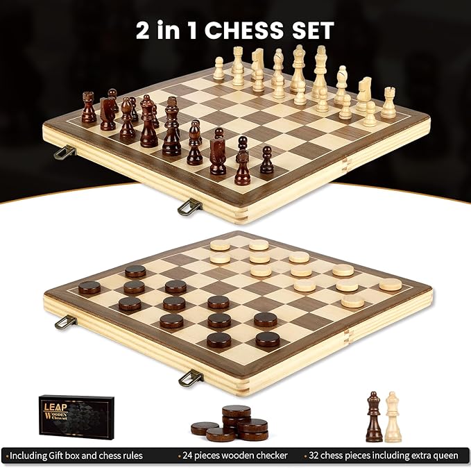 LEAP Magnetic Wooden Chess Sets 15 inch Foldable Chess Board 3 inch King Height Chess Pieces Travel Chess Sets, Chess Board Set with 2 Extra Pieces and Storage Slots for Beginer, Adults