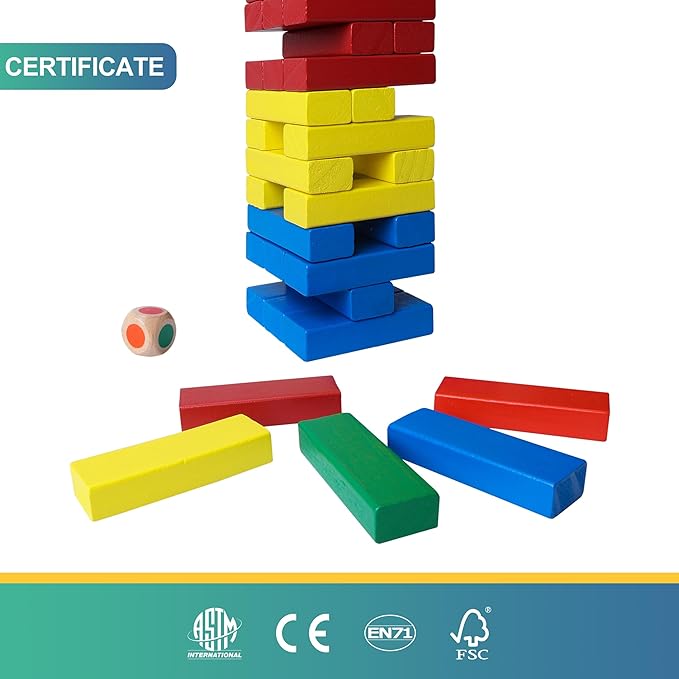 GOTHINK Tumble Tower Game for Kids and Adults, 60pcs Wooden Stacking Board Games Building Blocks for Kids and Family Games Night, Colorful Wood Balancing Blocks Game
