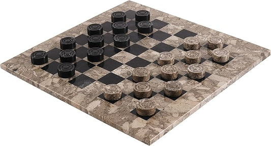 Marble Checkers Board Game 15 Inches Oceanic and Black Handmade 2 Player Tournament Checker Set, Board Games Sets - Draughts Checker