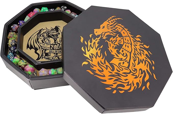 Fantasydice-Chromatic Dragon -with Roll or Die Artwork Dice Tray - 9" Octagon with Lid and Dice Staging Area- Holds 5 Sets of Dice(7 / Standard) for All Tabletop RPGs Like D&D, Call of Cthulhu