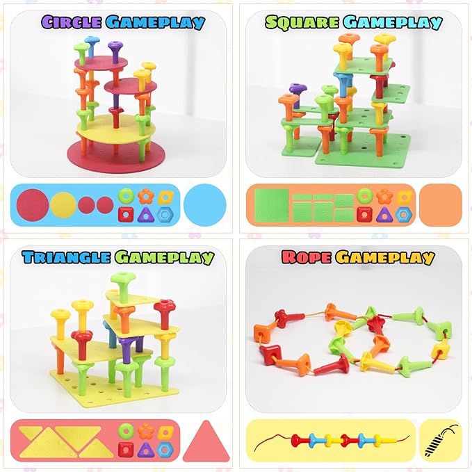 Peg Board Toy set 70Pcs DIY Building Stacking Toys for Kids 3-6 Years Old,STEM Educational Kids Toy for Brain Development,Montessori Sensory Toys,Upgrade Various Foam Board Plastic Lacing String Game