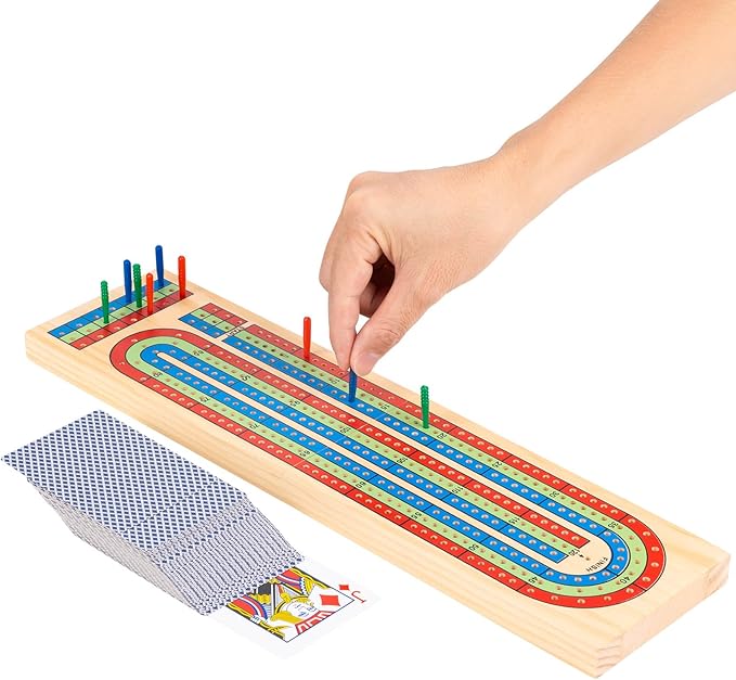 Cribbage Board Game Set, 3-Track Color-Coded Wooden Board with Storage, Includes 9 Pegs, Deck of Playing Cards, Ideal for Family Fun, Travel, and Gatherings