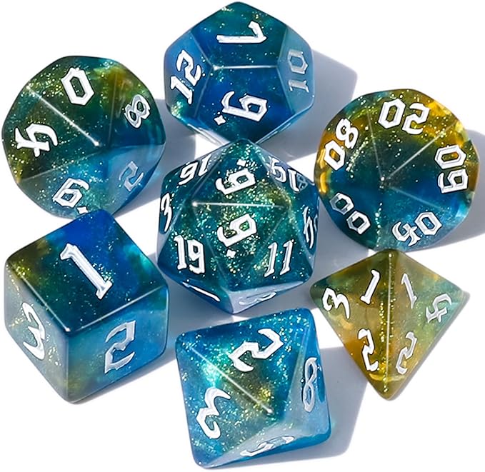 CiaraQ DND Polyhedral Dice Set for Dungeons and Dragons RPG MTG Role Playing Table Games-with 1 Dice Pouch (Blue + Yellow + Glitter)