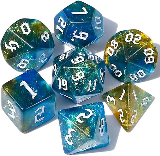 CiaraQ DND Polyhedral Dice Set for Dungeons and Dragons RPG MTG Role Playing Table Games-with 1 Dice Pouch (Blue + Yellow + Glitter)