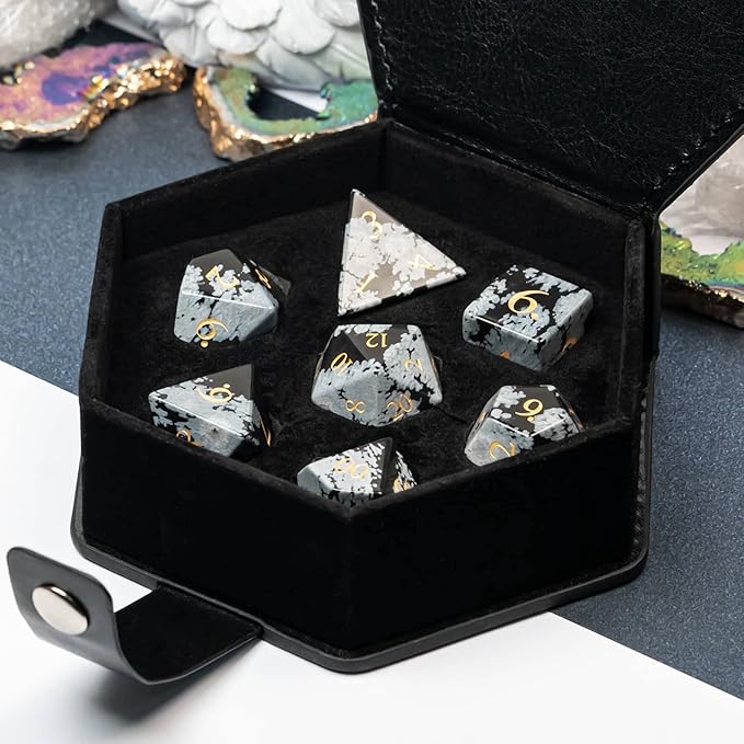 UDIXI Gemstone Dice Set DND, 7PCS Natural Snowflake Stone D&D Dice Set with Leather Gift Case for Dungeons and Dragons Table Games (Snowflake Obsidian)