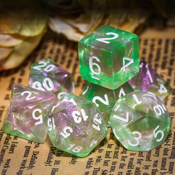 7-Die DND Dice Set Polyhedral Dice Set with a Leather Dice Bag, D&D Dice Set for Dungeons and Dragons, RPG, MTG Table Games (Green Pink/Glitter)