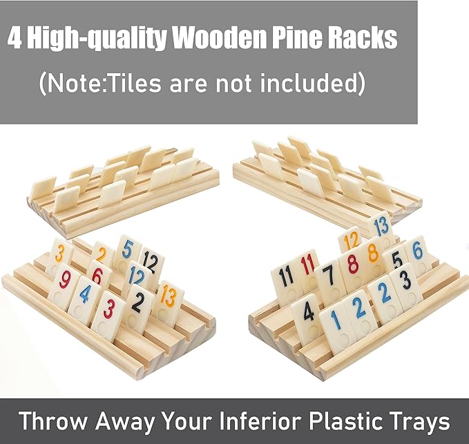 4 Wooden Rummy Replacement Racks/Trays for Rummikub Game, Rummy Cube Game Holders Only, 4 Wooden Racks for Okey Board Game