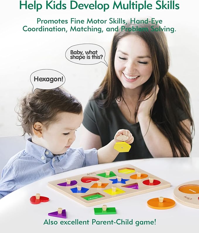 Shape Color Puzzle for Toddlers 1-3, Montessori Learning Toys for 1 + Year Old Girl, Jumbo Knob Wooden Pegged Chunky Shapes Puzzles for Kids Ages 3, Baby Educational Toys 12-18-24 Months Boys
