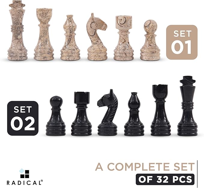 Radicaln Marble Chess Pieces Black and Coral 3.5 Inch King Figures Handmade 32 Chess Figures - Suitable for 16-20 Inch Chess Game - Board Games