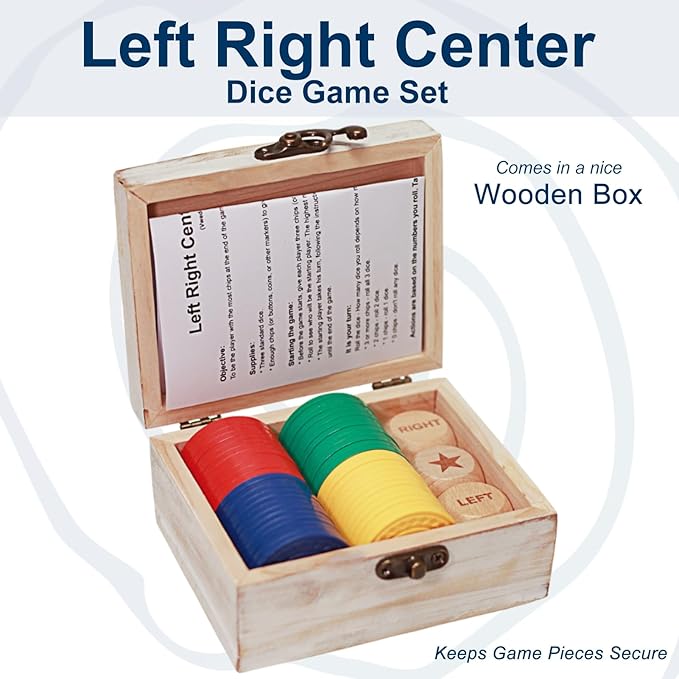 Left Right Center Dice Game Set, 3 1-inch Wood Dice and 48 Thicker Chips in Wooden Storage Box, Portable Travel Dice Games for Family & Friends, White