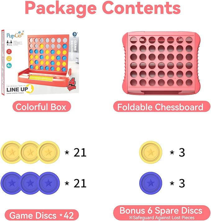 Pup Go 4 in a Row Game, Connect & Win Four in a Row Board Game, Portable 2-Player Strategy Games for Travel, Gift for Girl Age 3 4 5 6 7 8-12, Family Games Foldable Design with 6 Spare Discs Pink