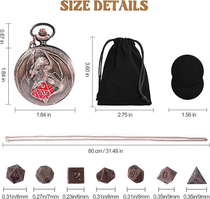 D&D Dice Set,7PCS Metal Dice for Dungeons and Dragons,Mini Dice Set with Pocket Watch Case,Role Playing Board Games Accessories (Dragon-R, Copper)