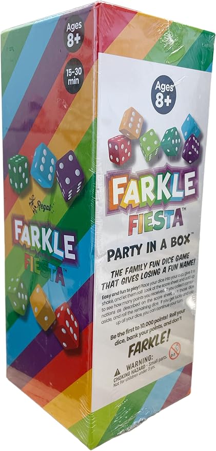 Regal Games - Farkle Fiesta Classic Dice Game w/ 6 Colored Dice Sets, 6 Convenient Dice Cups for Easy Shaking, & 20 Score Sheets - Fun Family Game for Travel, Camp - Ideal for 2-4 Players (Ages 8+)
