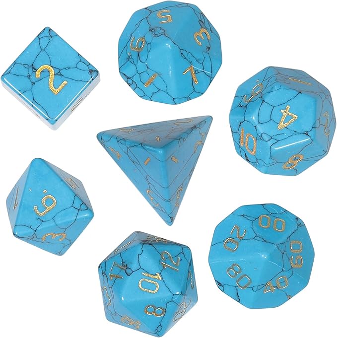 TUMBEELLUWA Engraved Crystal Stone Polyhedral Dice Set for RPG MTG Dungeons and Dragons Table Game 7 Pieces DND Board Game Dices with Pouch, Blue Howlite Turquoise