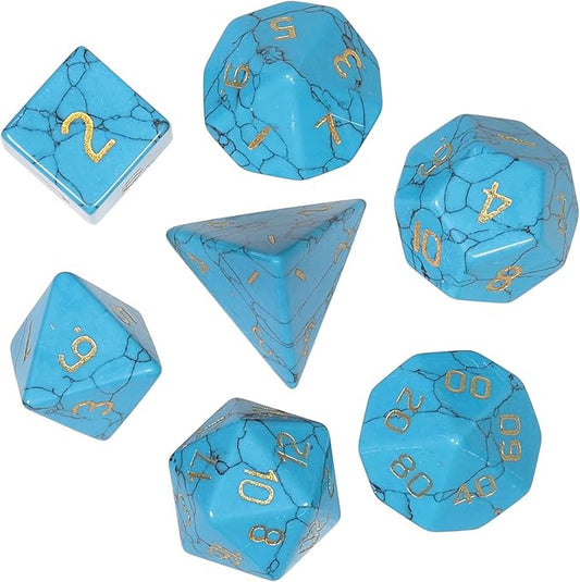 TUMBEELLUWA Engraved Crystal Stone Polyhedral Dice Set for RPG MTG Dungeons and Dragons Table Game 7 Pieces DND Board Game Dices with Pouch, Blue Howlite Turquoise