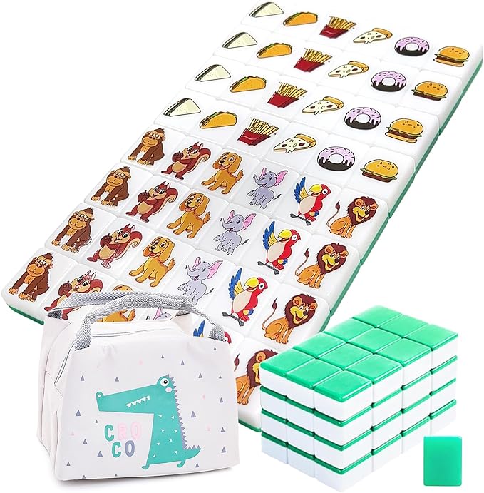 Seaside Escape Game Blocks, Mahjong Tile Game Sets with 49 Tiles 38mm Pet and Food Pattern with Grey Bag.