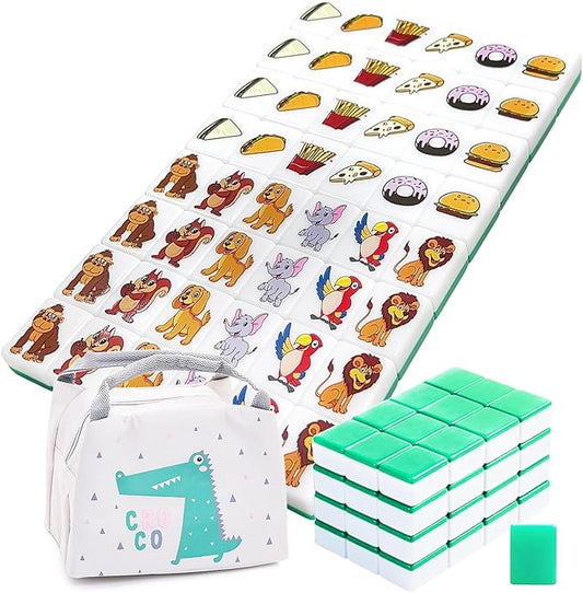 Seaside Escape Game Blocks, Mahjong Tile Game Sets with 49 Tiles 38mm Pet and Food Pattern with Grey Bag.