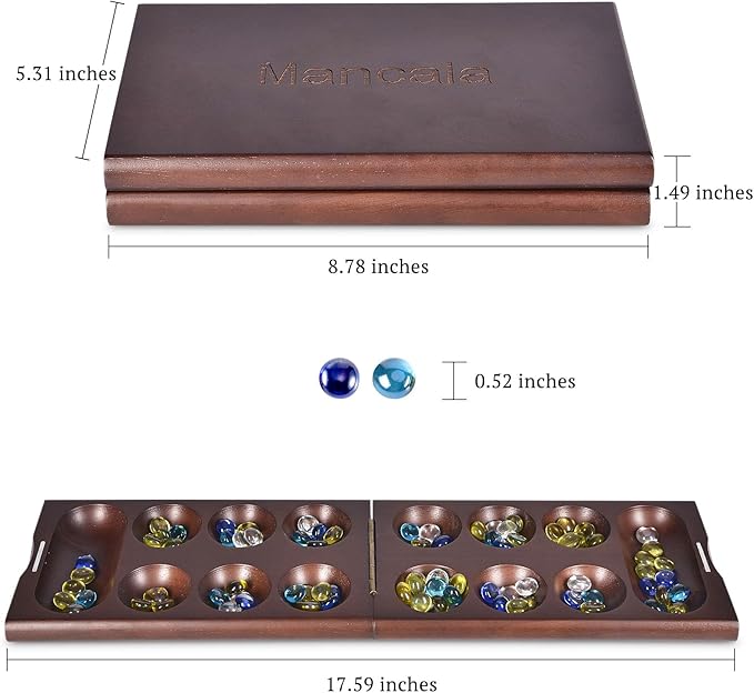 VAMSLOVE Wooden Mancala Board Game with Magnetic Lock / 48+8 Extra Multi Color Glass Stones, Folding Mancala Set for 2 Player, 6 Age and Up (Instructions Included)
