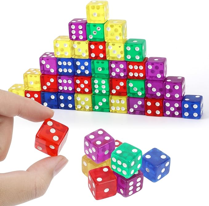 50pcs 16mm Game Dice, D6 Six Sided Dice Set Colored Casino Dice Translucent Acrylic Dados for Yahtzee,Tenzi, Farkle, Bunco, DND, MTG, RPG,Table Board Game or Teaching Math