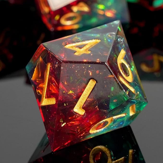 DND Dice Set Sharp Edged Dice Set of 7 DND Faceted Dice Golden Numbers and Beautiful Iron Box Perfect for Dungeons & Dragons RPG and Board Game(Red Green and Gold)